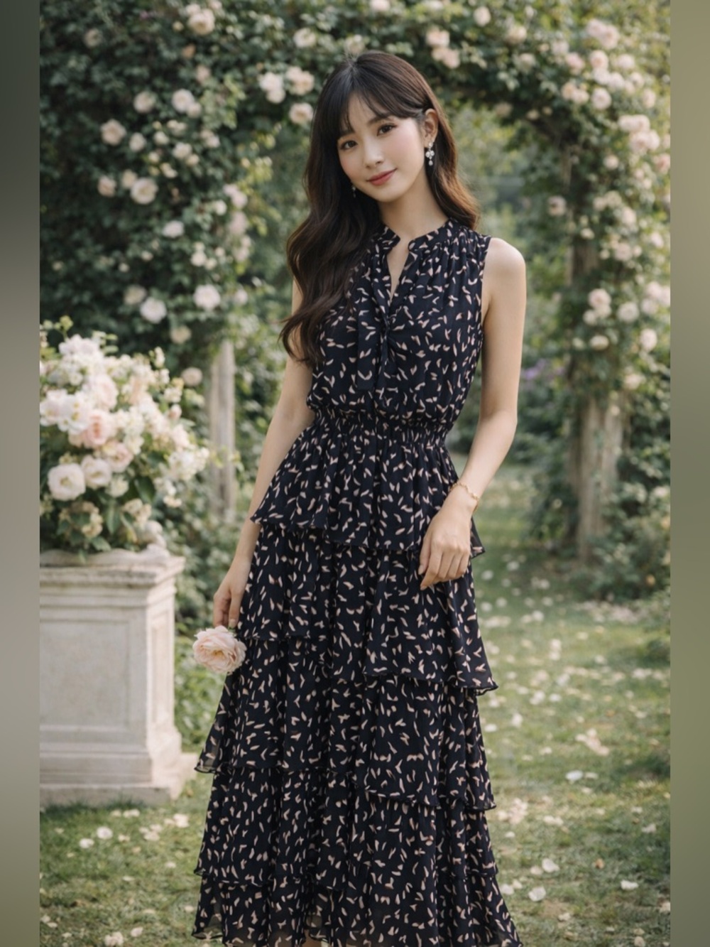 MISA Los Angeles Tiered Ruffle Maxi Dress Black Floral Romantic Boho Chic USA